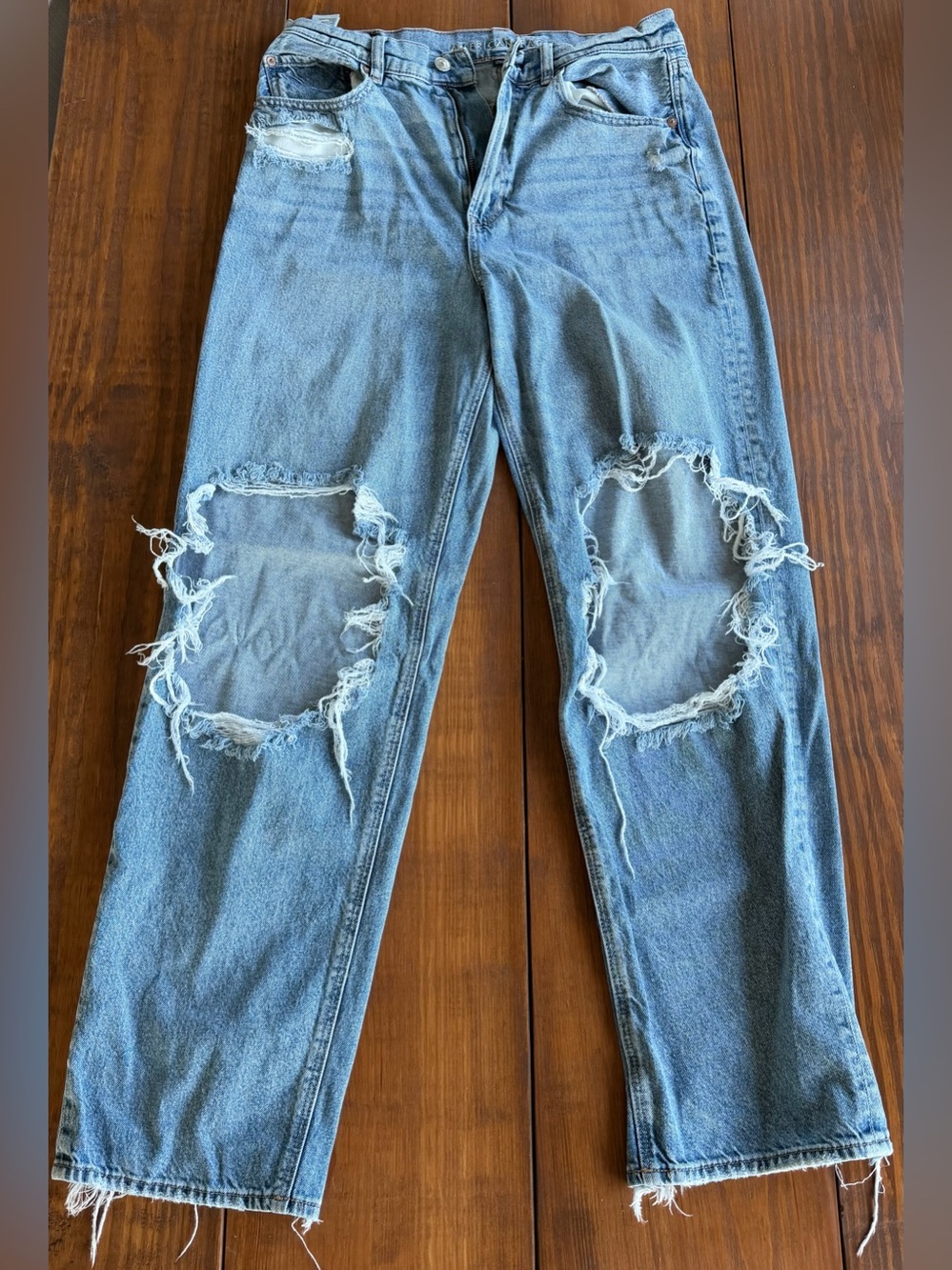 American Eagle Highest Rise Baggy Straight Blue Ripped Boyfriend Jeans